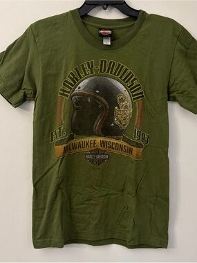 Harley Davidson T-shirt: Est. Milwaukee Wisconsin & Illinois Design Olive Small